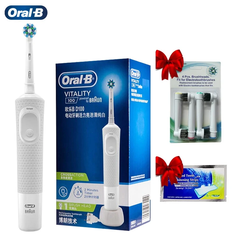 

Oral B D100 Electric Toothbrush 2D Vitality Rotation Teeth Brush 2 Min Timer 7,600RPM Waterproof With 4pcs Gift 50A Brush Heads