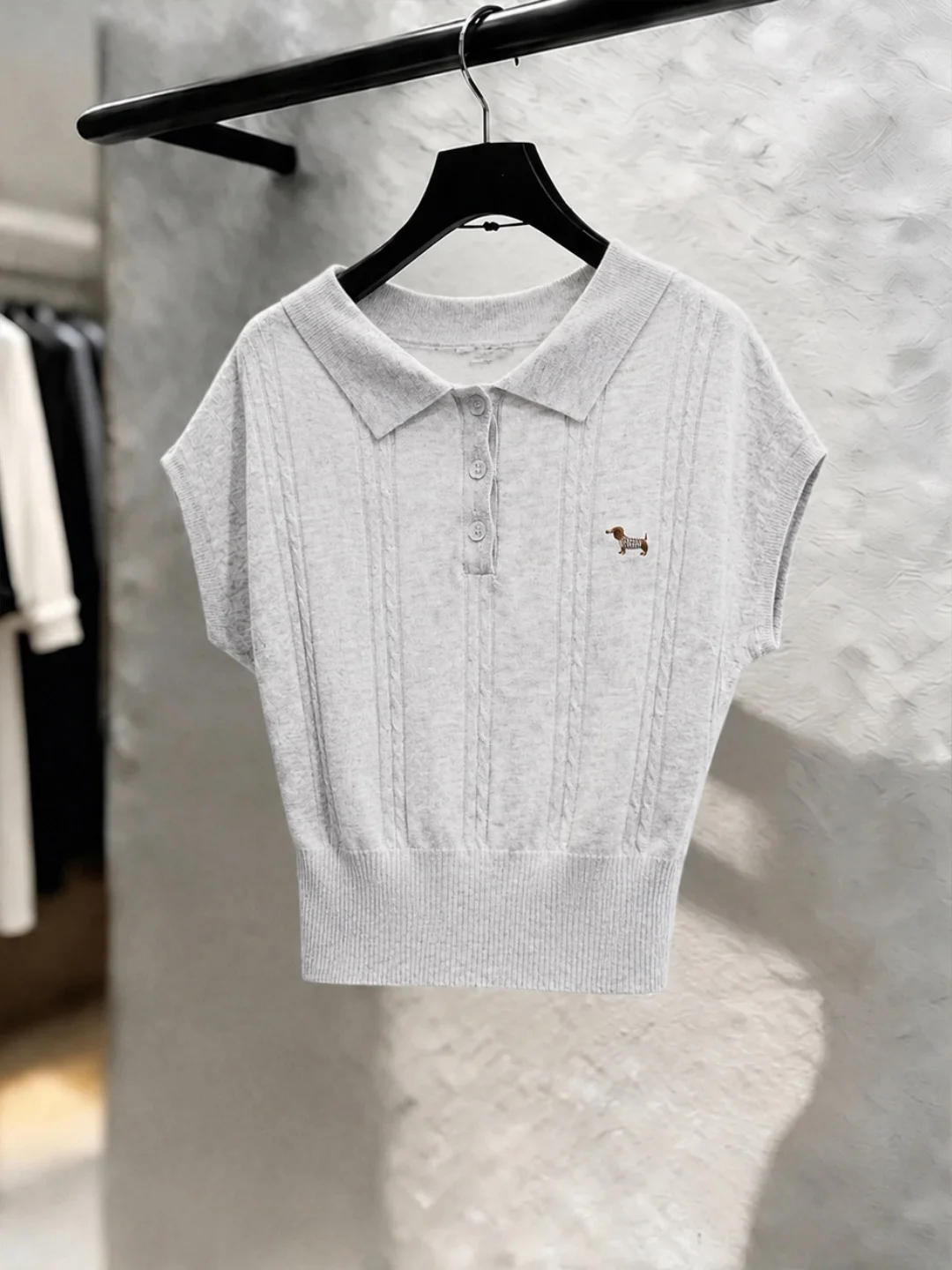 

Summer Knitted Short Sleeve Neck Top Women's Fashion Design Dog Embroidery Versatile Simple Style Korean Straight Cut In...