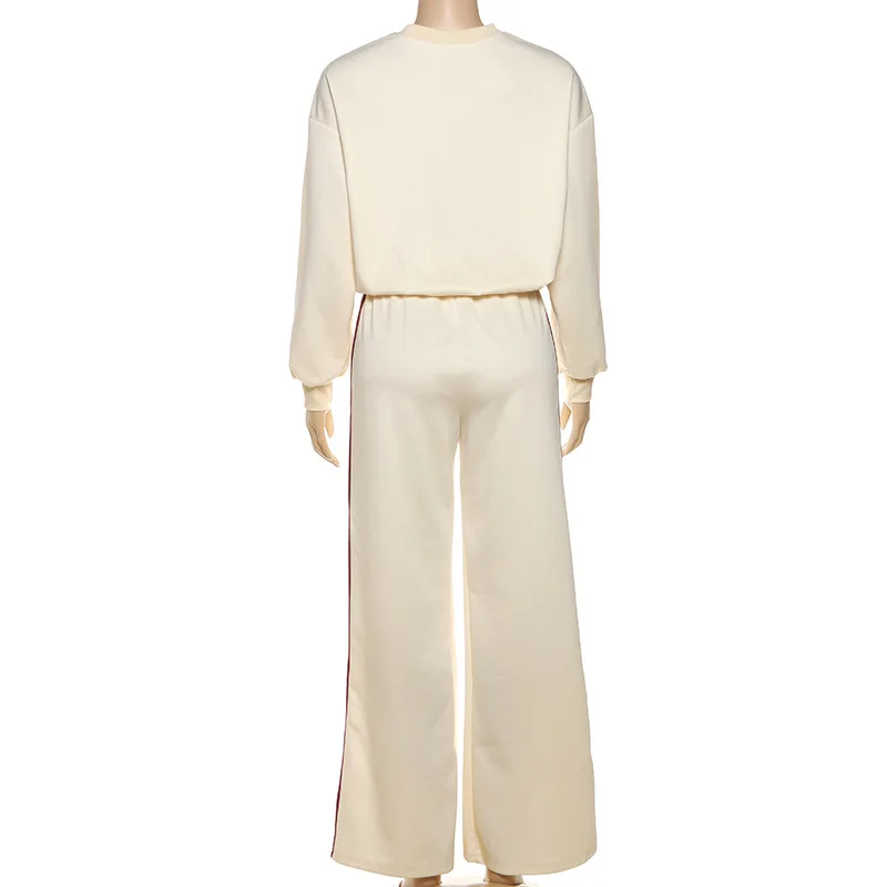 Damski sportowy dres Bangniweigou 2025, kremowy, bluza z okrągłym dekoltem i nadrukiem liter, spodnie ze sznurkiem, zestaw do noszenia w domu.