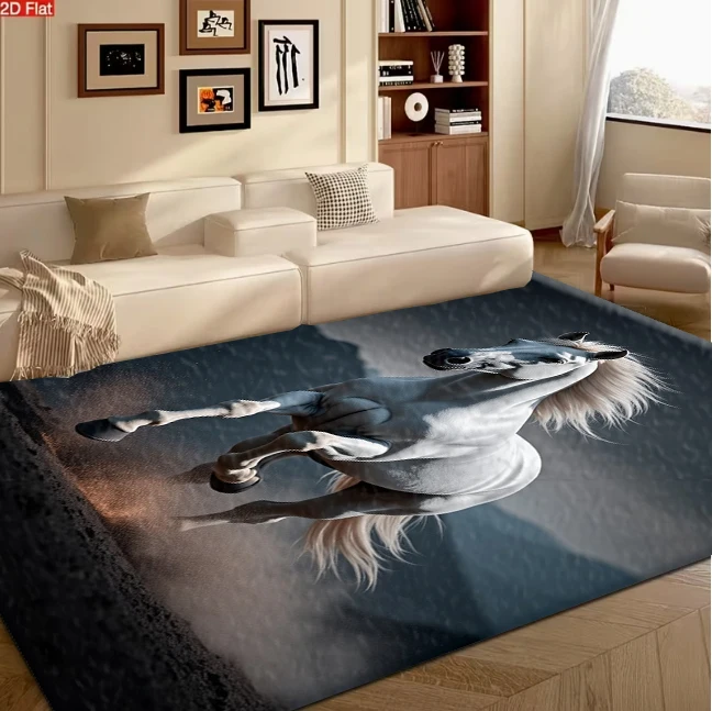 Running White Stallion Horse Carpet Flooring, Powerful Animal Non-Slip Floor Rug for Living Room Bedroom Home Decoration