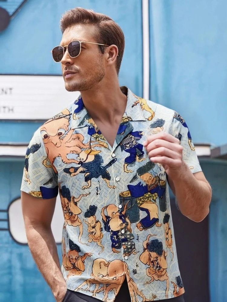 Мужская гавайская рубашка Octopus Jovial Gathering Aloha, винтажный кубинский воротник, короткие рукава, пуговицы, летние туники в стиле Харадзюку, мужская одежда
