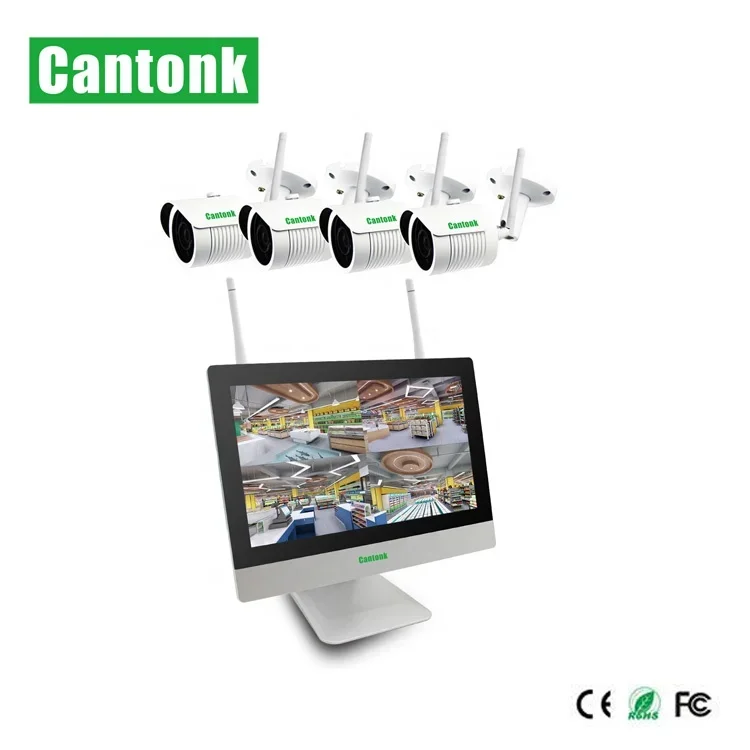 CANTONK WiFi Smart Home Security 12 Inch LCD Screen 4CH 1080P Wireless CCTV Camera System H.265 ALL IN ONE NVR Kits