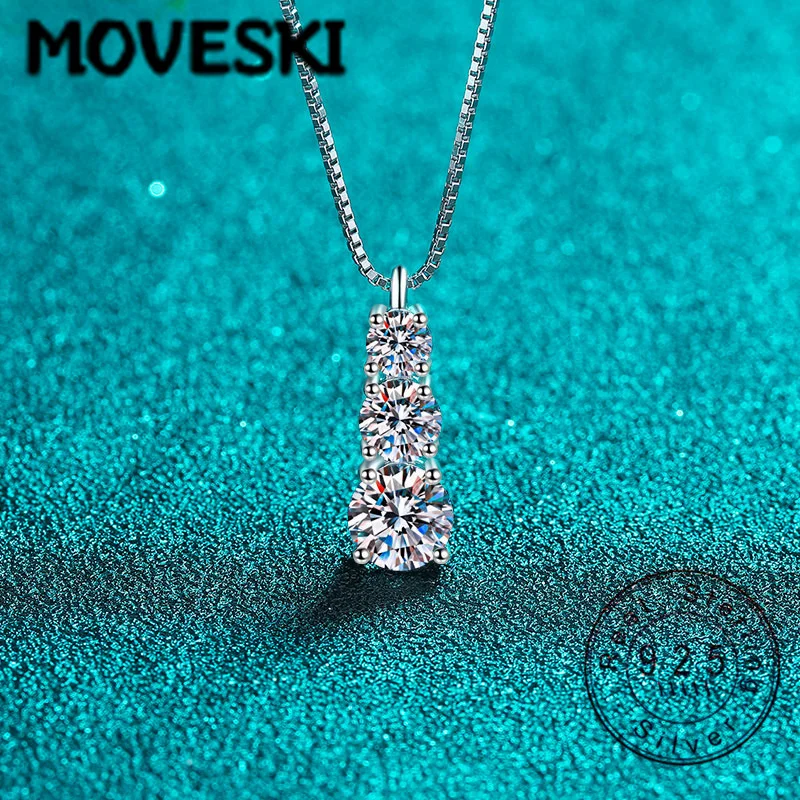 

925 Silver 3 Stone Moissanite Pendant Necklace, D Color VVS1 Sterling Silver Journey Necklace for Women, Bridal Wedding Jewelry