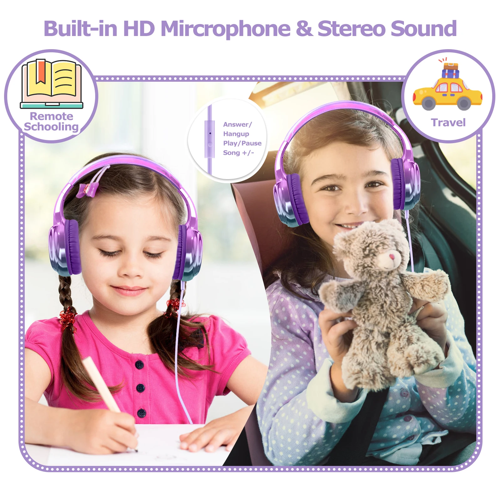 Auriculares con cable degradado para niños con micrófono, auriculares para niñas, auriculares estéreo ajustables para juegos de música, auriculares ligeros, regalos para niños