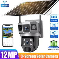 Cámara Solar WIFI de tres pantallas con doble lente, 12MP, Zoom 10X, CCTV, seguimiento automático para exteriores, detección humanoide, compatible con cámara PTZ IP66