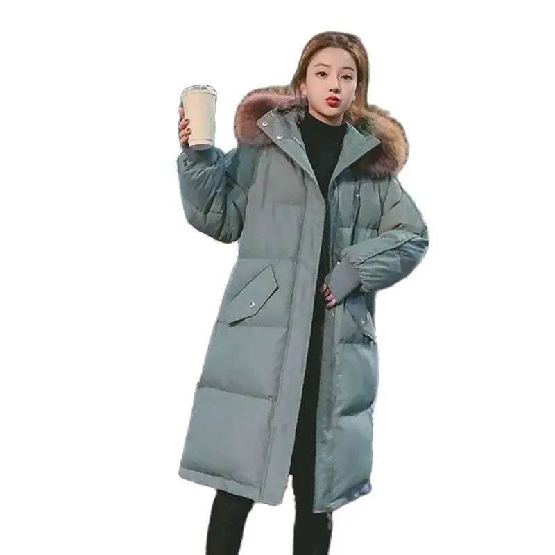 Winter New Loose Cotton Women's Mid-length Hooded Fur Collar Down Cotton Korean Version Long Warm Padded