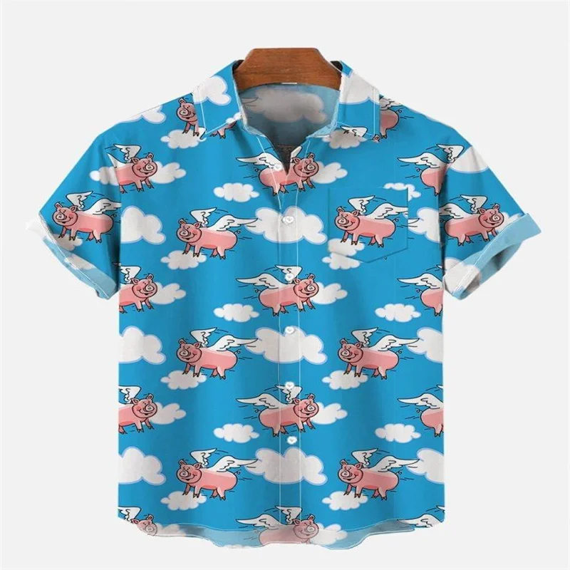 Cartoon Color Piggy Grass Printed Chest Bag Short Sleeve Shirt Blue Flying Pig Cloud Cartoon Hawaii Printed Chest Bag Shirt