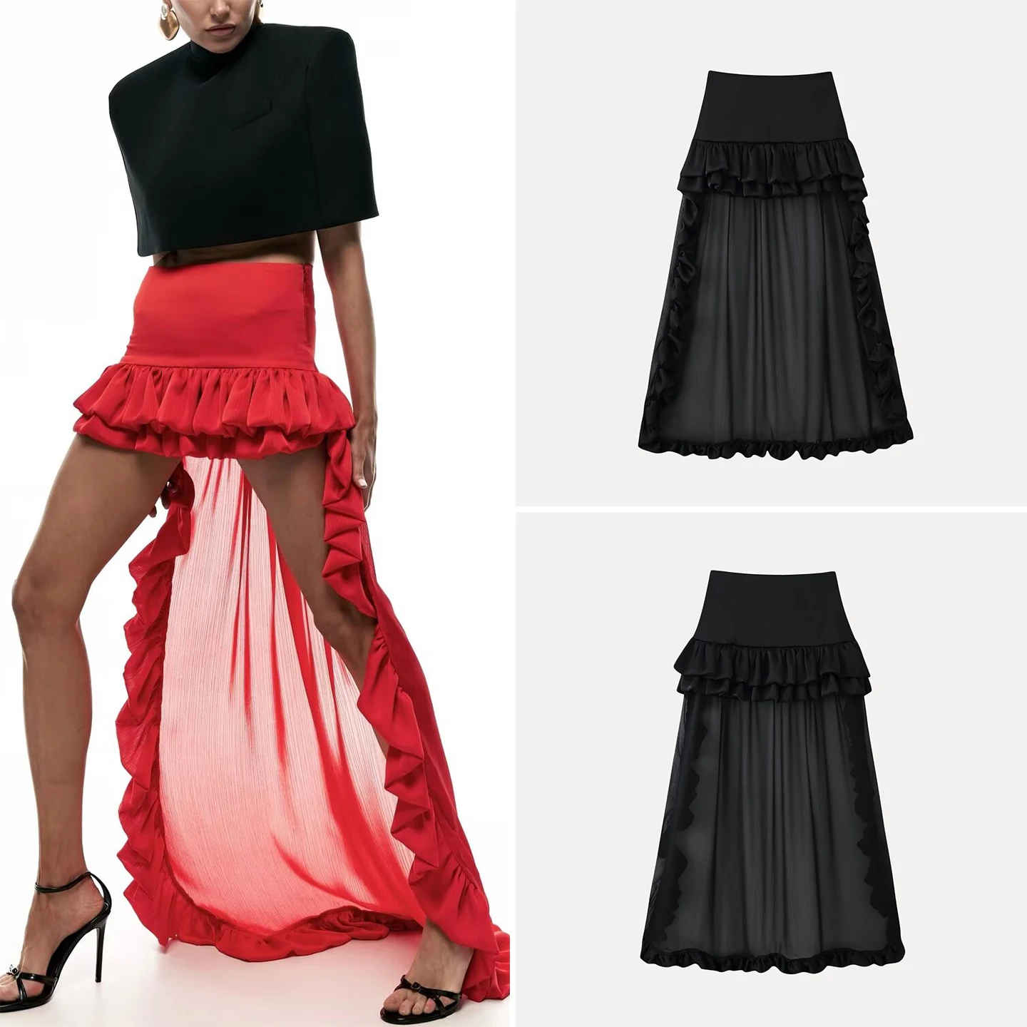 Fashionable Multi-Layered Summer Skirt Women's High Waist Midi Skirt with Lace Trim Versatile Dressing Style Elegant Draped Tail