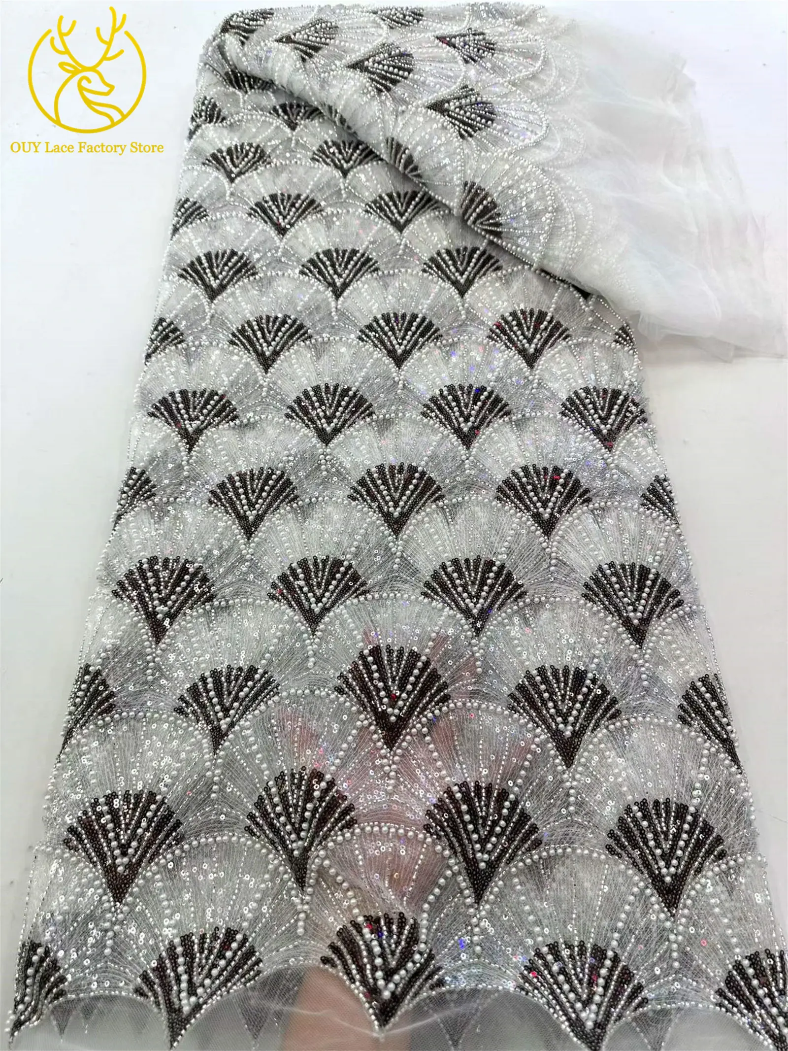 5 Yards Afrikanischer Pailletten-Perlen-Spitzenstoff Hochwertiger Französischer Tüll-Spitzenstoff Nigerianischer Spitzenstoff für Partykleider und Näharbeiten – Detail 11