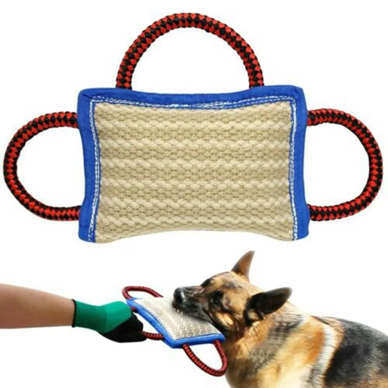 

Dog Training Bite Tug Pillow with 3 Rope Handles Dogs Durable Tough Jute Interactive Pull Toy for Aggressive Medium Large Dog