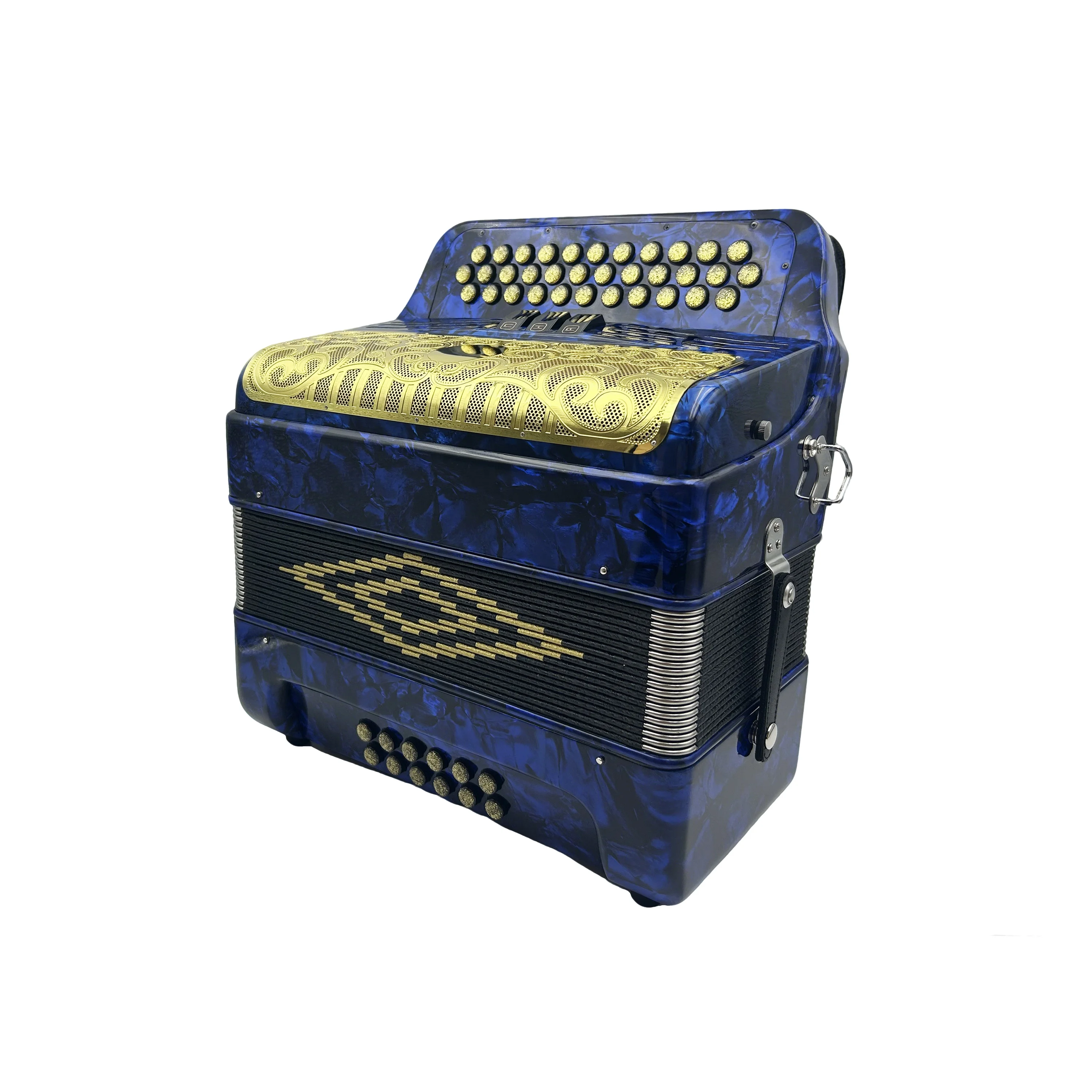 Professional Diatonic 34-Button 12-Bass 3-Register Blue Celluloid Accordion Gold Grill Gold Buttons JB3412C Acordeon