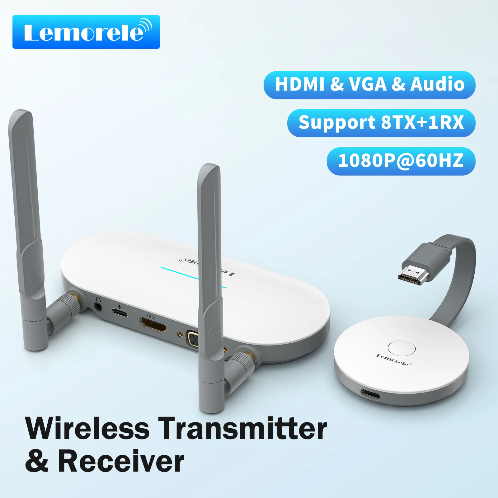 Lemorele Bezprzewodowy Nadajnik Wideo USB/HDMI i Odbiornik HDMI/VGA, Adapter Przedłużający Ekran, Dongle do Telewizora, Monitora, Projektora