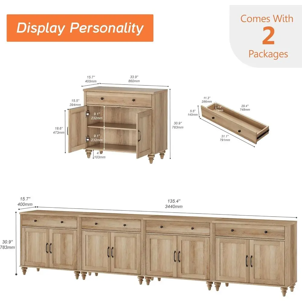 Eiken grote keukenopbergkast met 8 deuren en 4 lades en koffiebar, geschikt voor eetkamer, 134