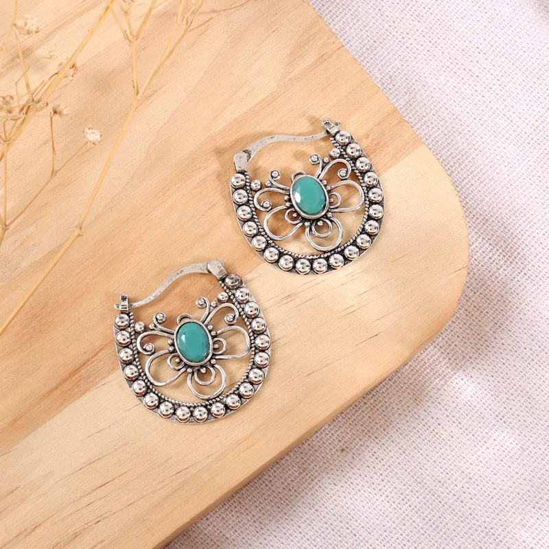 Vintage Leverback Earrings Hollow Butterfly Shape Inlaid Oval Cut Synthetic Gems Boho Style Hook Drop Earrings