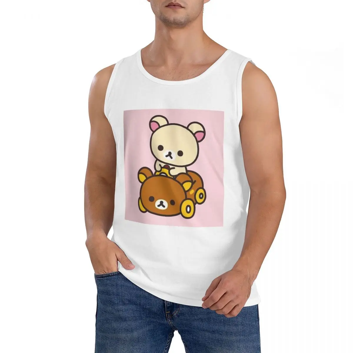 100% Cotton Korilakkuma Driving A Rilakkuma Car Sleeveless T-Shirt Men Workout Sports Clothing Tops Men's Crew Neck Vest