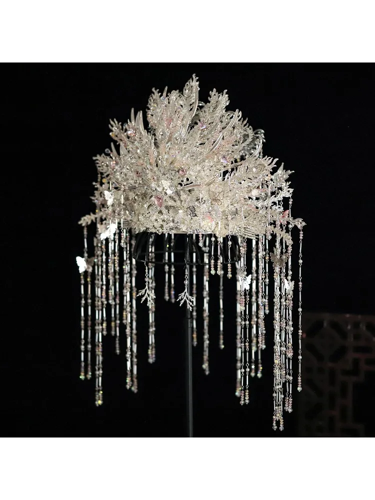 Hanfu silver phoenix crown Chinese wedding head circumference daily photo jewelry silver big crown bridal hair crown
