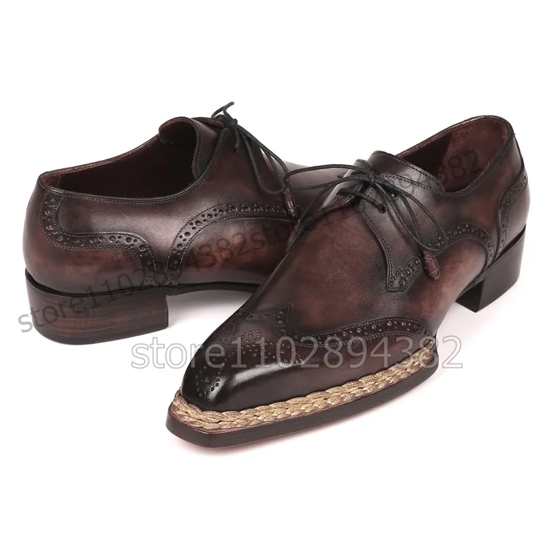 Brown Knitted Carving Design Square Toe Men Derby Shoes Fashion Lace up Men Shoes Luxury Handmade Party Banquet Men Dress Shoes