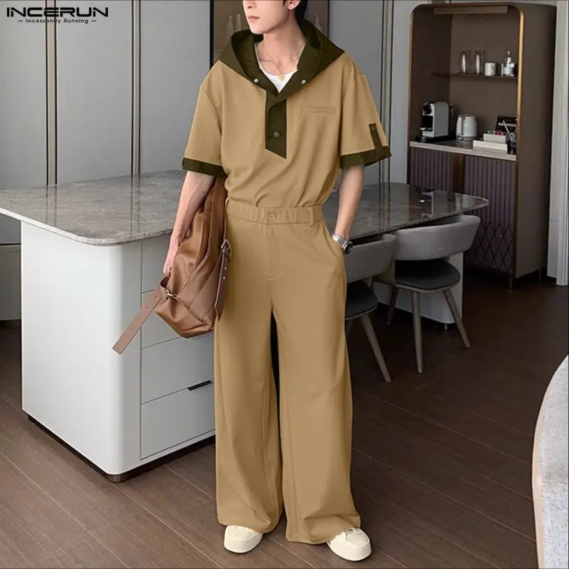 

INCERUN мужские комплекты в стиле пэчворк с цветными блоками, толстовки и брюки с капюшоном и короткими рукавами, комплекты из двух предметов, уличная одежда, свободные мужские повседневные костюмы