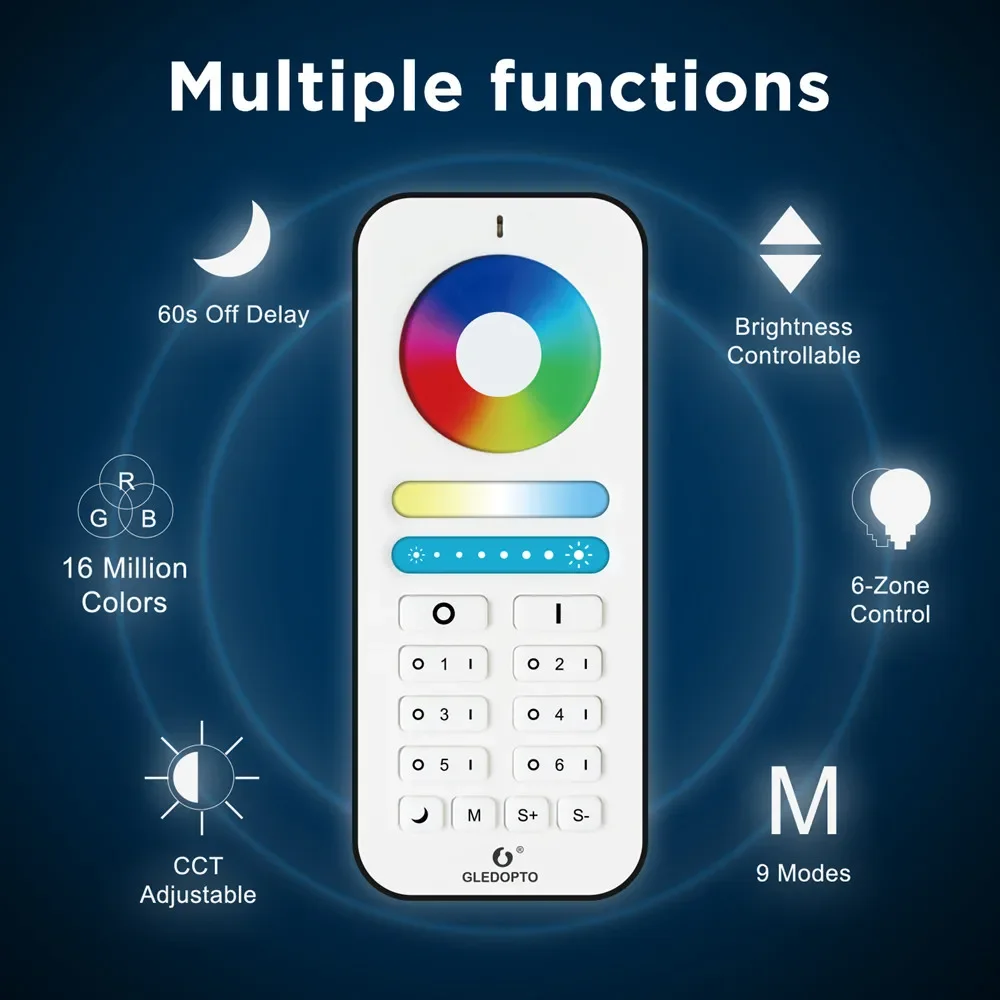 GL-RC-006Z GLEDOPTO Smart Home Zigbee 3.0 2.4G RF Remote RGBCCT 6 Zone Group Controller Work with Pro Series LED Bulb Spotlight