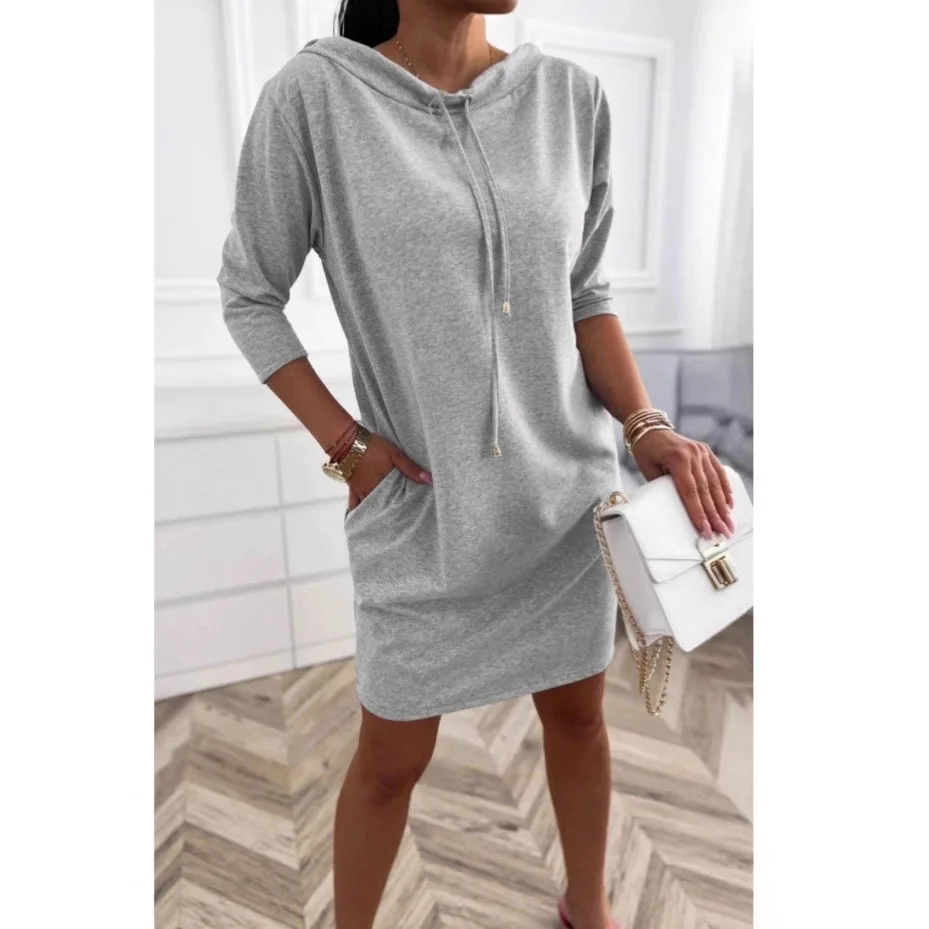 

Women's Fashion Casual Stand Collar Drawstring Three Quarter Sleeve Sweater Dress Hooded Dress