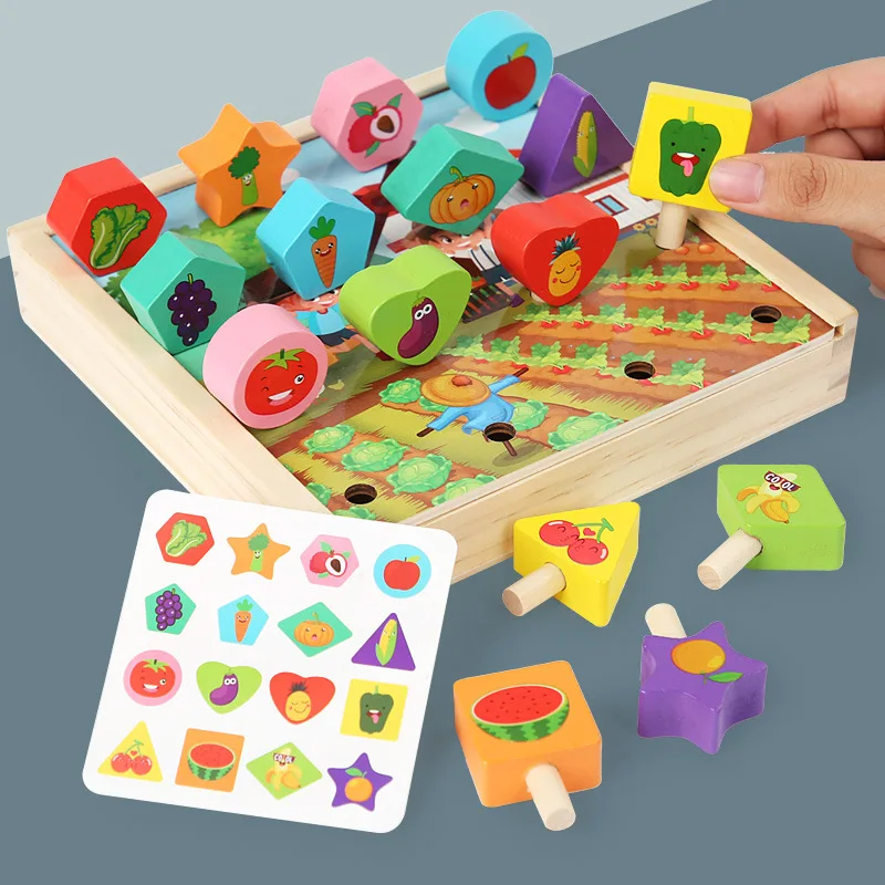 Children's cognitive digital matching wooden puzzle of fruits and vegetables to hold the game early childhood toys