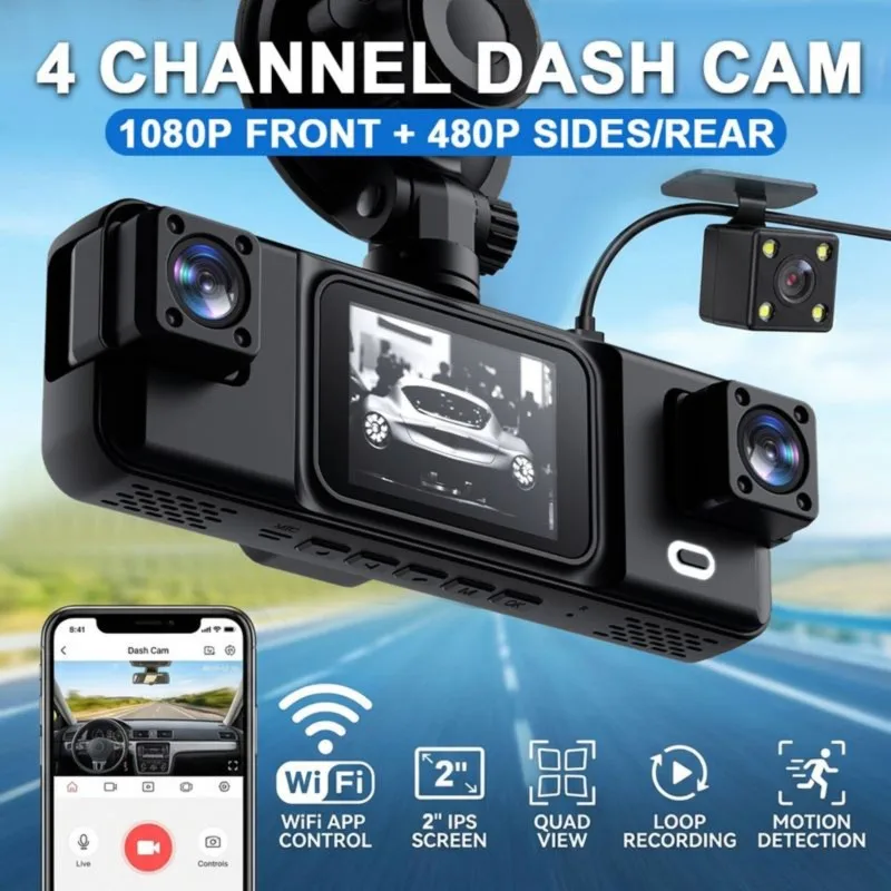 Super Sale 4 Channel Car Dash Cam 1080P WIFI APP Car DVR Recorder Camera Front Left Right Rear Video Driver Recorder