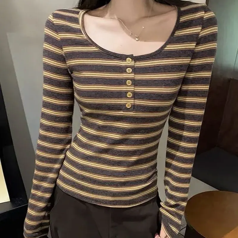 

Spring Autumn Korean Striped Pullovers Henry Collar Female Clothing Long Sleeve Preppy Style Casual Slim Button Basic T-shirts