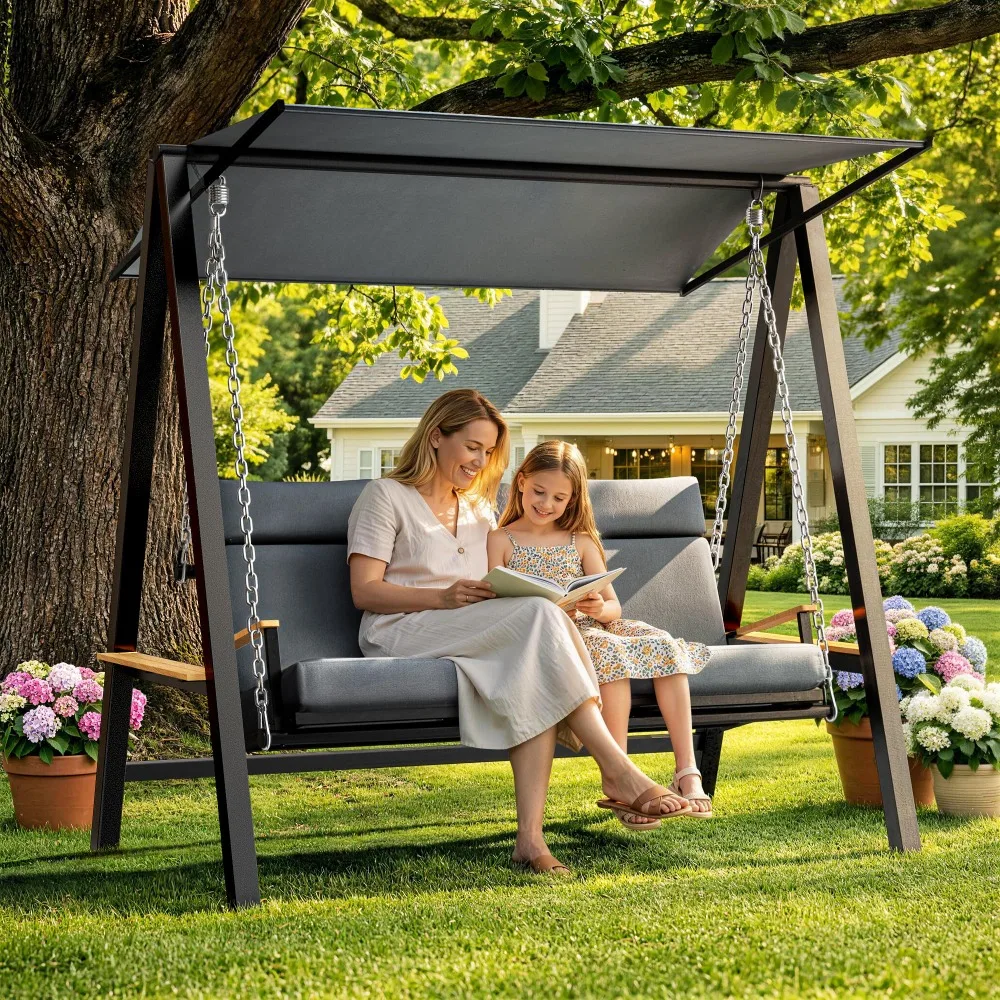 3-4 Seat Porch Swing with Stand, 990 lb Capacity, Black | 4-in cushions, breathable Textilene, 3-in-1 pillow