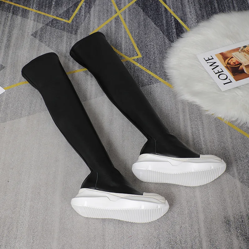 Women Over Knee High Boots PU Leather Platform Luxury Trainers Casual Sneaker High-TOP Spring Autumn Flats Black Shoes