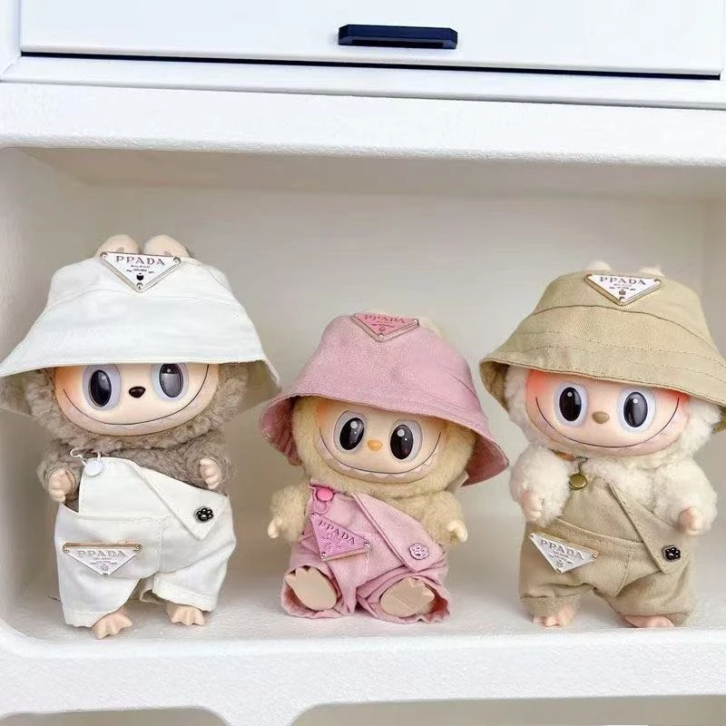 15/17 センチメートル LabubuMini 人形服漁師帽子オーバーオール高級セット Labubu 3.0 服デザイナー衣装 DIY 人形アクセサリー