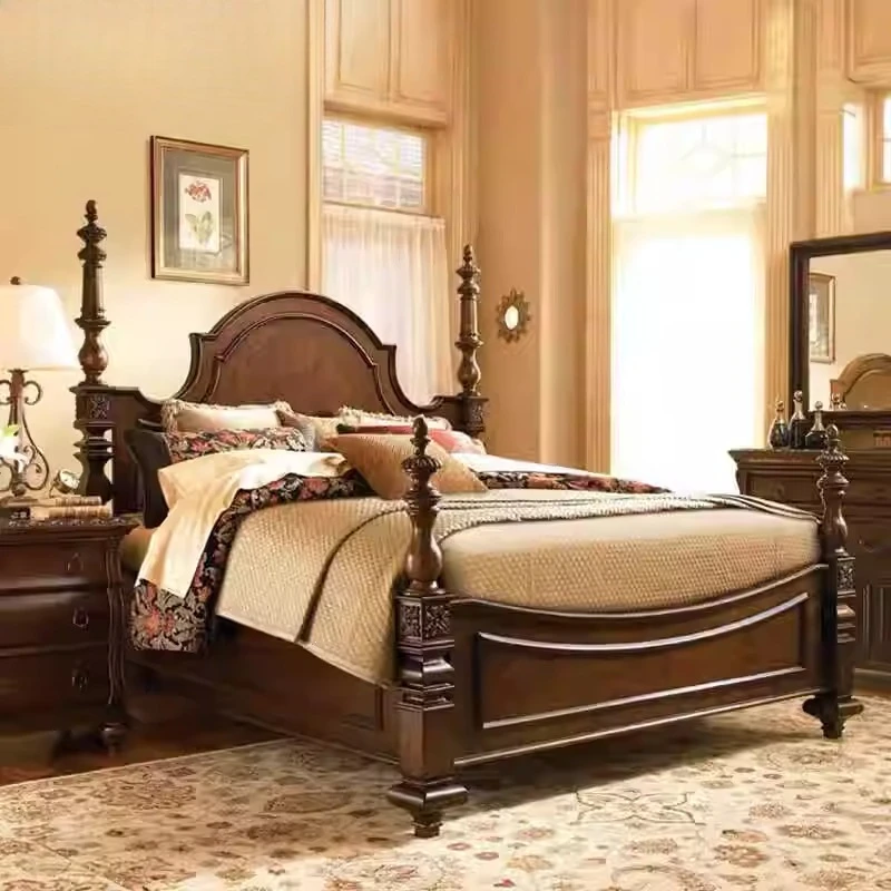 

Американская двуспальная кровать из цельного дерева 1,8 метра в стиле ретро, главная спальня, свадебная элитная европейская кровать, римская колонна, роскошная королева