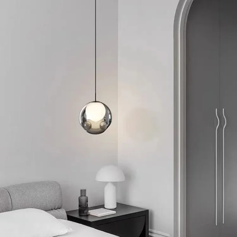 Modern Minimalist Pendant Light Gray Glass Ball Hanging Lamp Home Decor for Bedroom Dining Table Bedside Led Ceiling Chandelier