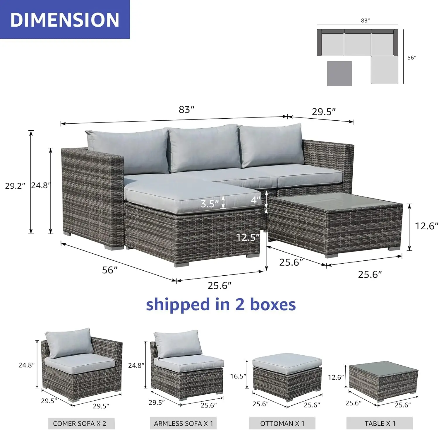 5 Piece Outdoor Patio Furniture Set, Sectional Conversation All-Weather Grey PE Wicker w/Light Cushions