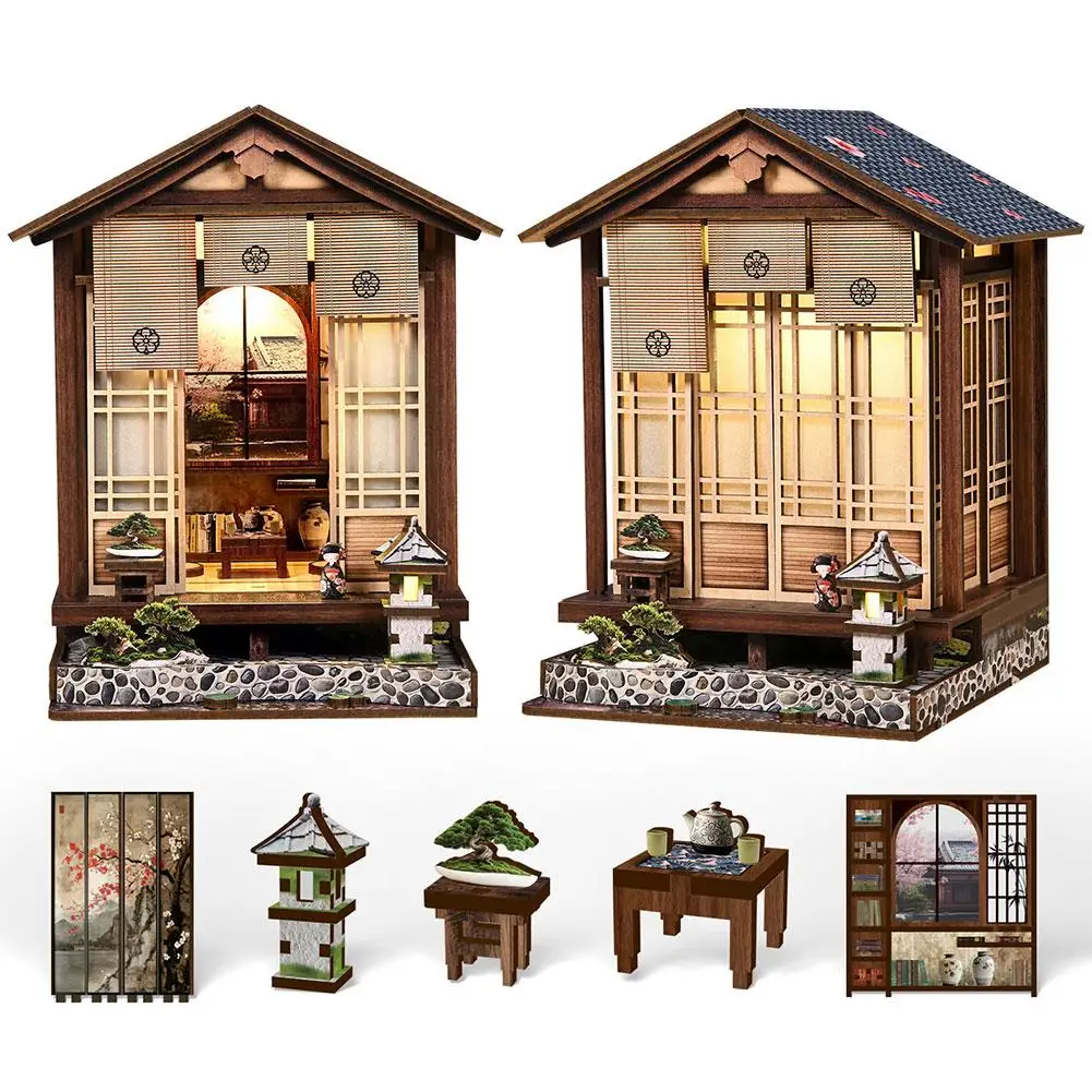 Casa en miniatura de patio de estilo japonés, casa de muñecas de madera artesanal, caja de habitación, bloques de construcción de madera como regalo y decoración