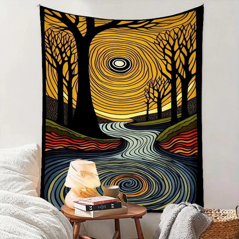 1PC Abstract Tree River Art Print Backdrop Banner, Bedroom Living Room Photo Background, Polyester, Home Decor, Wall Art