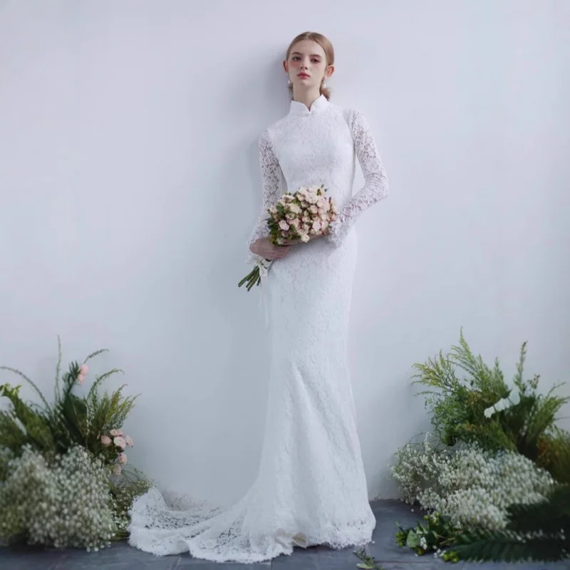 

New French Retro Cheongsam Collar Lace Long Sleeve Mermaid Bridal Wedding Dress Elegant Church Wedding