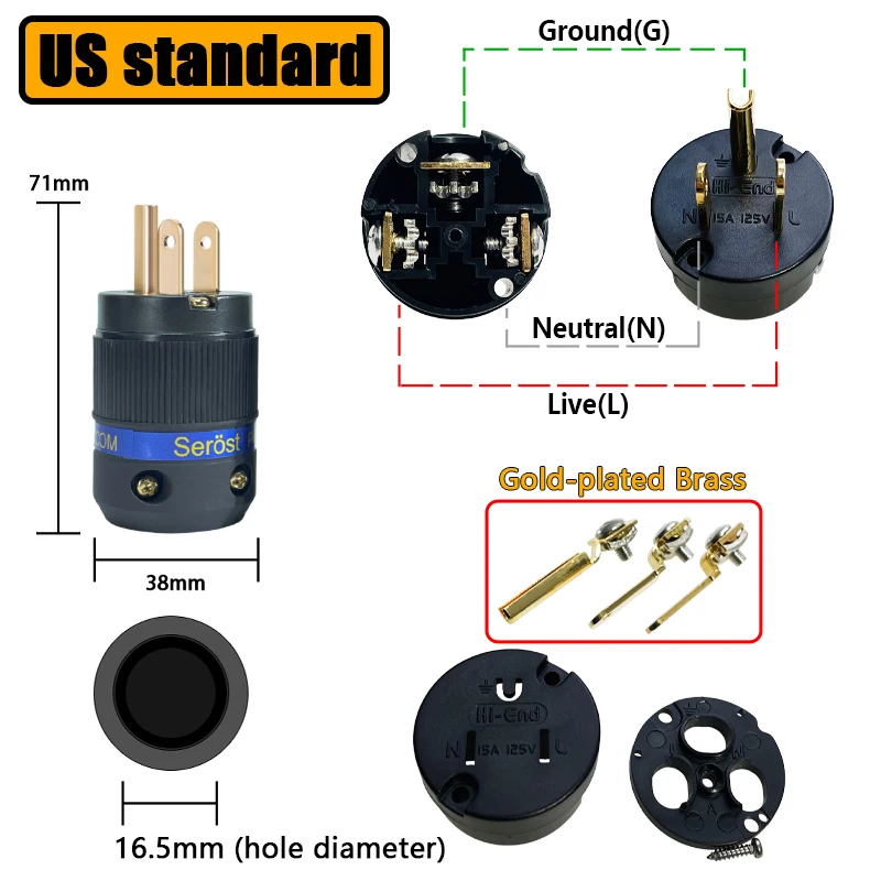 Serost SE-PC 24K مطلية بالذهب النحاس الولايات المتحدة التيار المتناوب قابس طاقة و C13 موصل للصوت لتقوم بها بنفسك كابل الطاقة الرئيسي