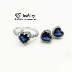 CC Heart Jewelry Sets 2pcs Ring Stud Earrings For Women Blue Zirconia Wedding Engagement Fashion Accessories Drop Shipping
