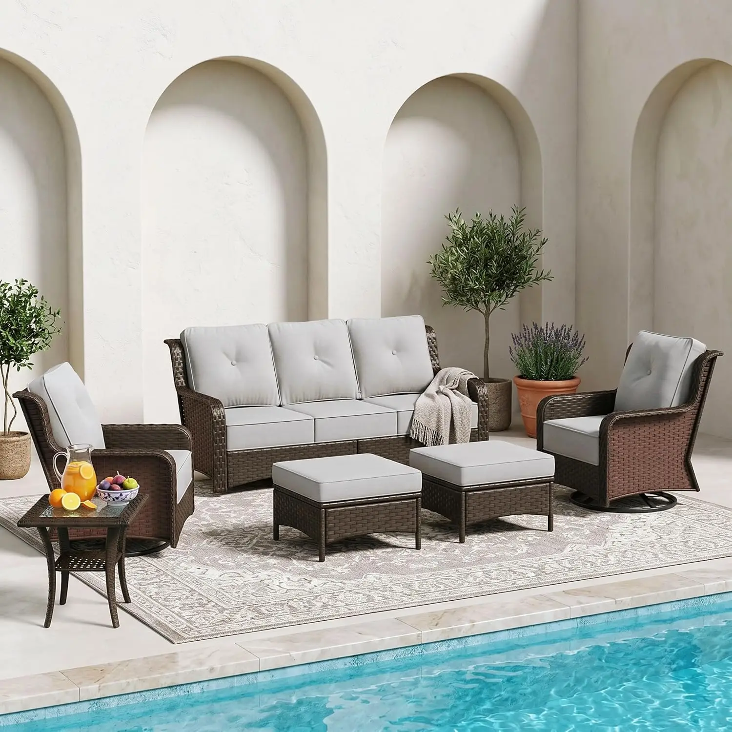 

6 Piece Wicker Patio Furniture Set High Back Swivel Chairs Deep Seat Cushions Yard Deck Customized