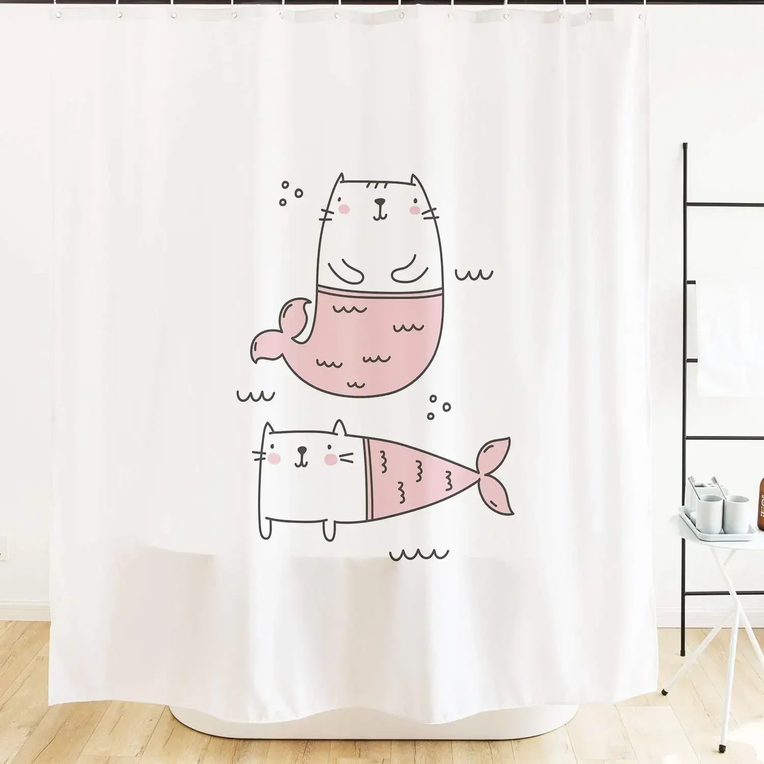 Home Cat Mermaid Shower Curtain with Hooks Cute Kitty Fish Bathroom Decor