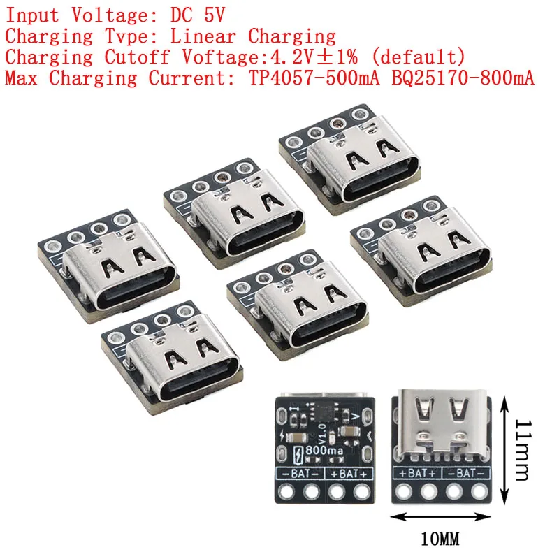10Pcs/1pc DC 5V Mini 4.2V Type-C 18650 Lithium Battery Charger Board TP4057 500mA BQ25170 800mA Charging Module Iron Phosphate