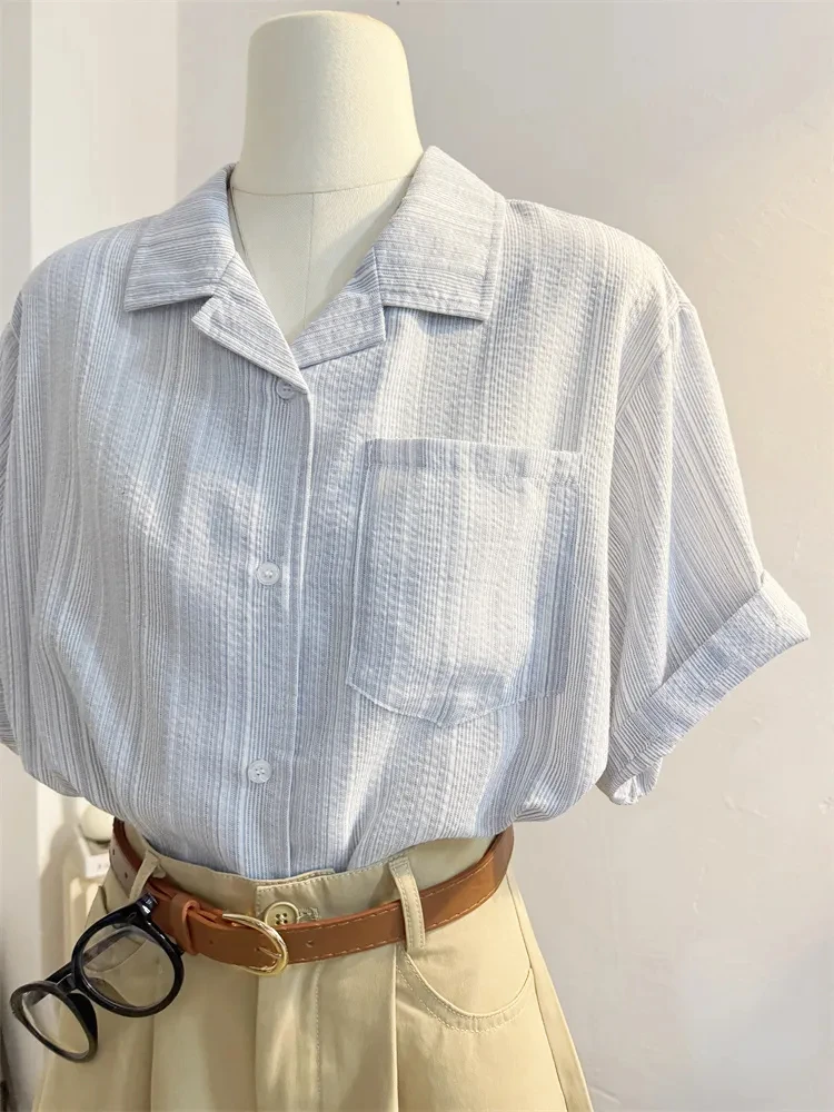 

Camisas De Mujer, винтажные блузки, женская одежда, полосатые рубашки с короткими рукавами, корейские топы, свободные офисные женские модные блузки