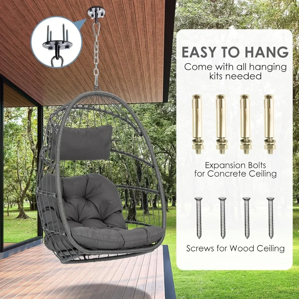 Swing Egg Chair Without Stand Indoor Outdoor, Foldable Wicker Rattan Hanging Egg Chairs Hammock Egg Basket Chair with