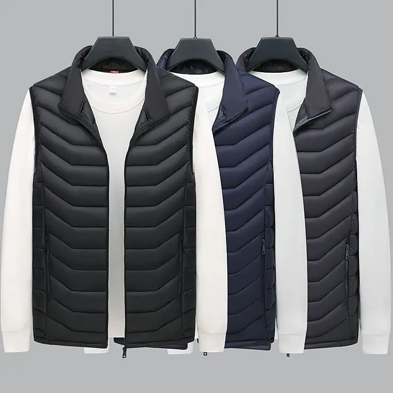 

Autumn Winter New Men Warm Down Cotton Coat Vest Streetwear Solid Stand Collar Zipper Fashion Versatile Casual Sleeveless Jacket