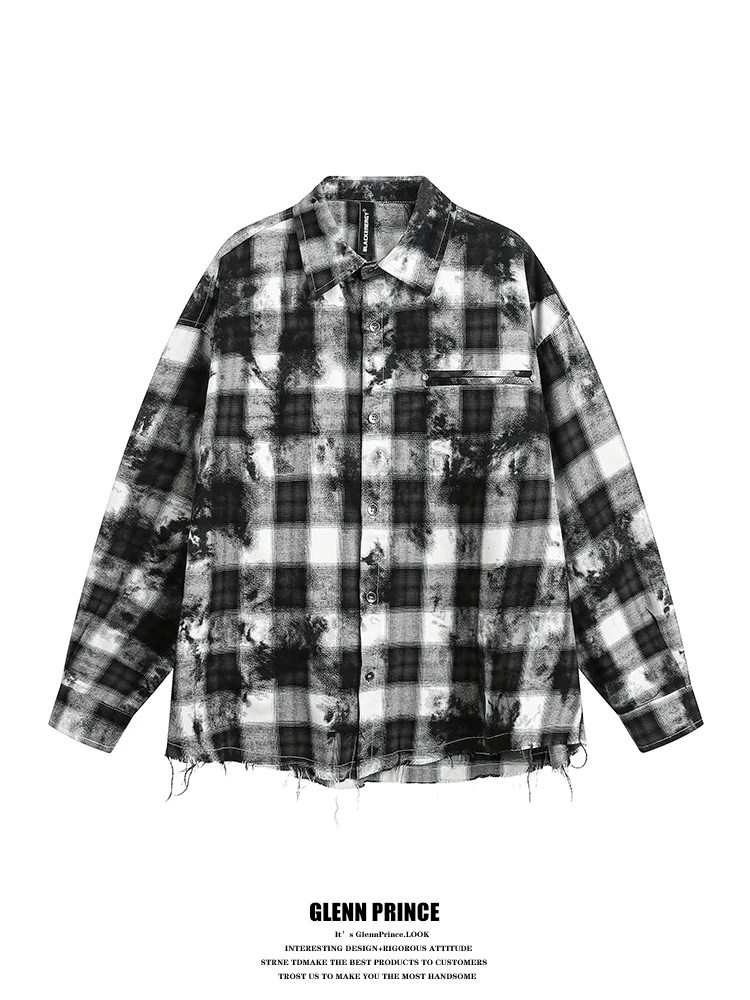 

Loose Fit Men's Long Sleeve Shirt Tie Dye Destroyed Plaid GPstudio Trendy Hip Hop Early Autumn New Design Casual Shirt