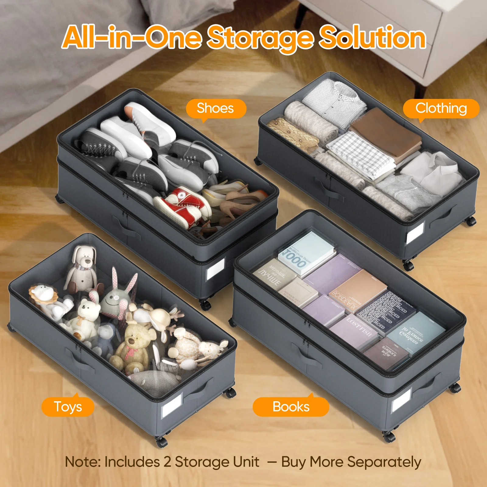 Organisateur de rangement Mobile sous le lit de 10 pouces, boîte anti-poussière de grande capacité de 72l pour vêtements, chaussures, couvertures et jouets 2 pièces
