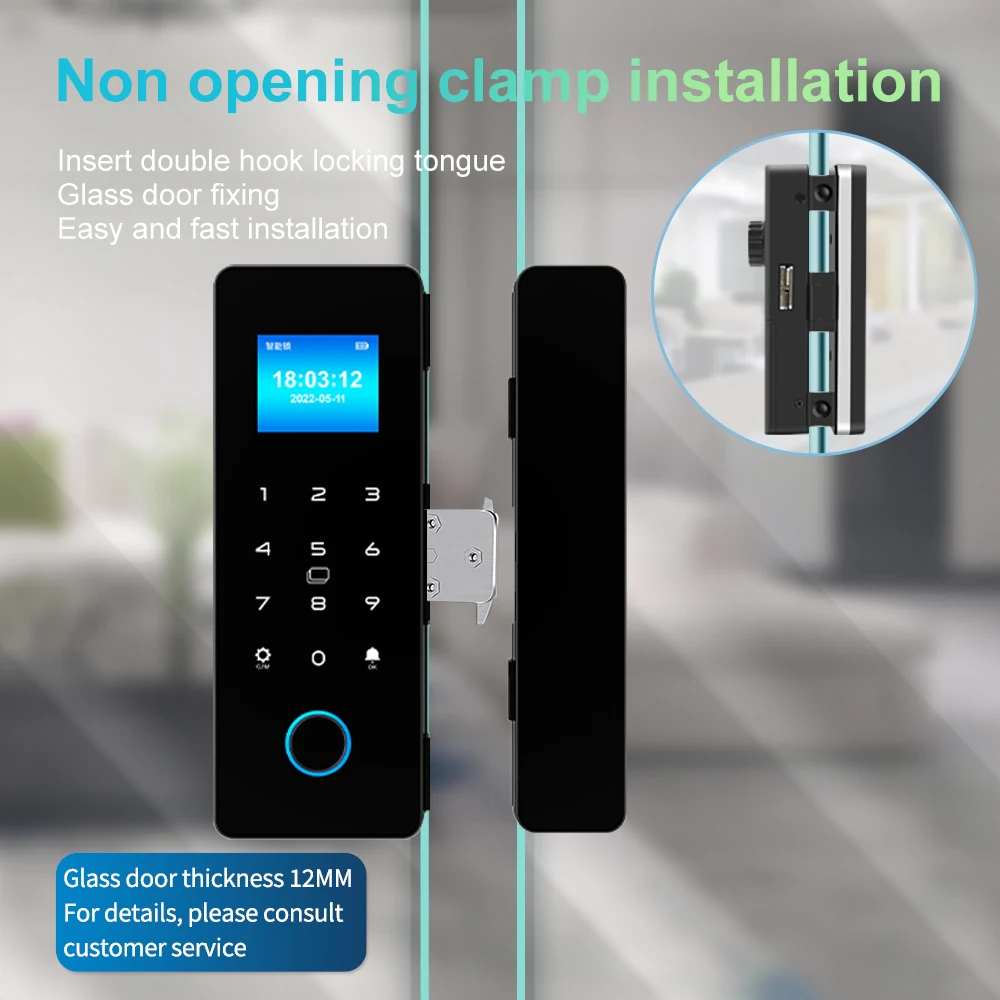 Electronic Digital Lock Fingerprint Glass Door Lock Bluetooth HAHA-Lock App Passcode IC Card Keyless Smart Phone Attendance Lock