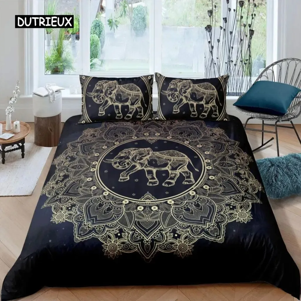 

Bohemian Elephant Duvet Cover Set Mandala Bedding Set Twin for Boys Kids Exotic Animal Polyester Comforter Cover with Pillowcase