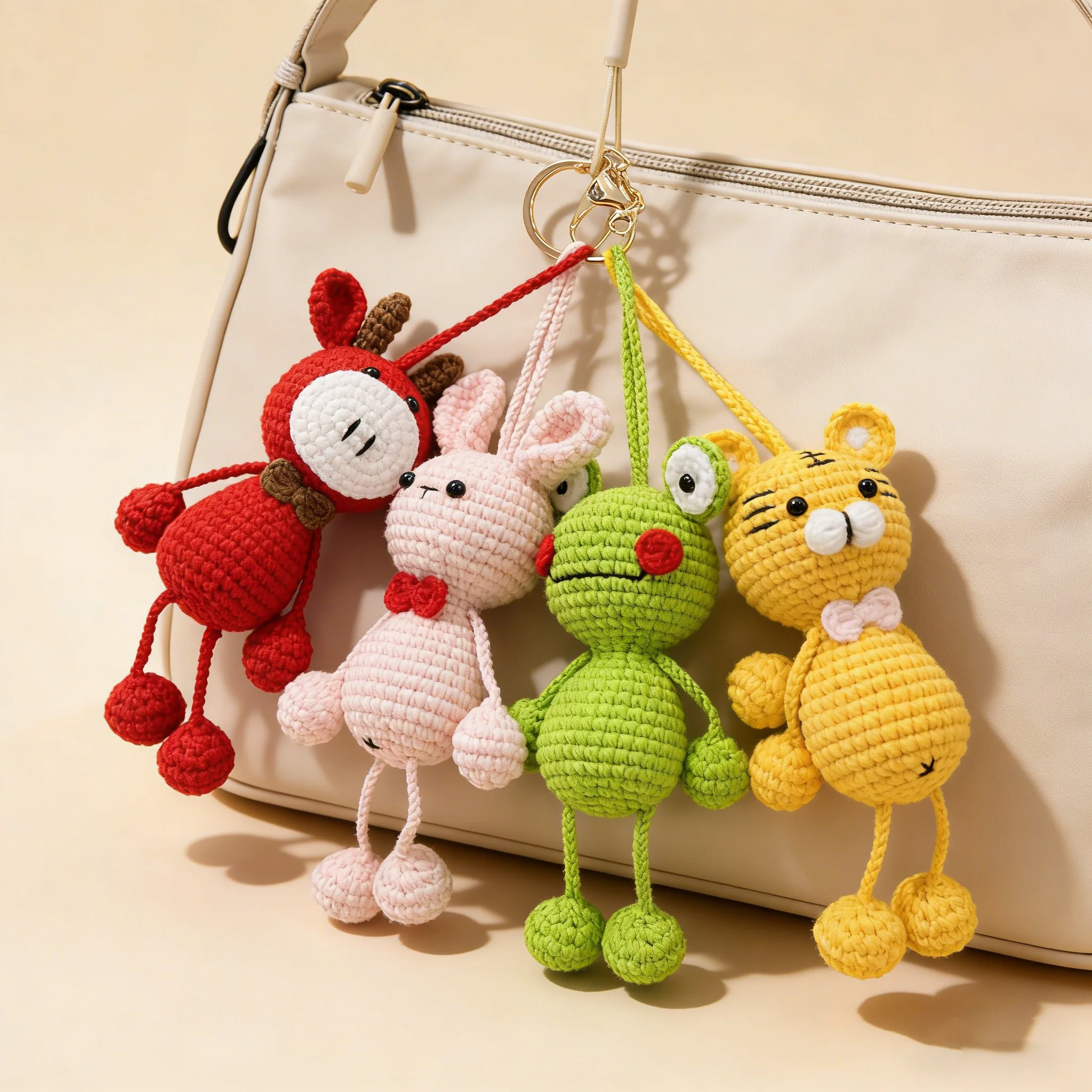 Cartoon Handmade Crochet Hanging Foot Doll Bag Rabbit Tiger Frog Sheep  Knitted Keychain Cartoon Animals Ornaments for Bag