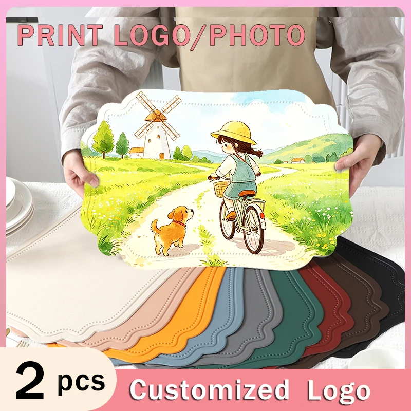 2Pcs Custom Photo Logo PU Leather Placemats Personalized Wave Edge Table Mats Heat Resistant Waterproof Dining Table Decor